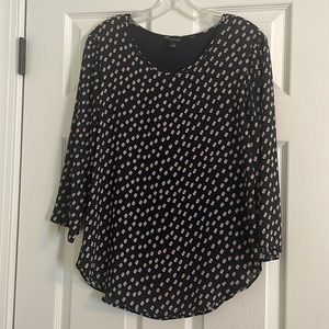 Navy blue with white and light pink polka dots 3/4 sleeve blouse. Size M.